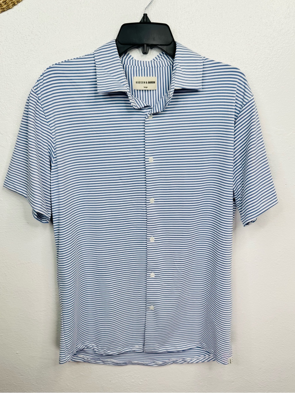 Hudson & Barrow Shirt Mens L Blue White Striped Short Sleeve Button Up